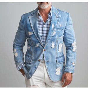 Men's Notched Lapel 2 Button Ripped Denim Blazer Giovanco medium NWT